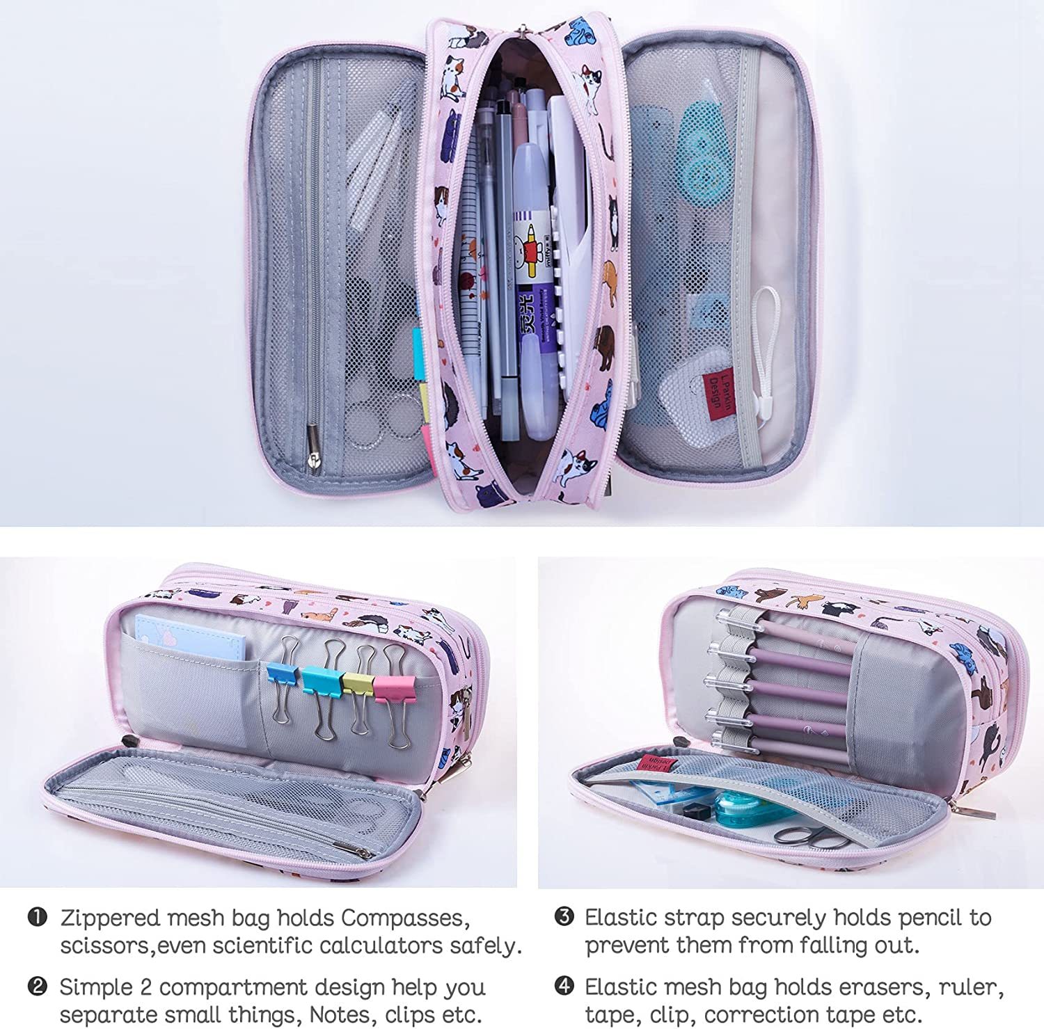 LParkin Cute Cat Pencil Case Super Large Capacity 3 Compartments Canvas Pencil Box Kawaii Makeup Bag Cat Gifts for Boys Girls