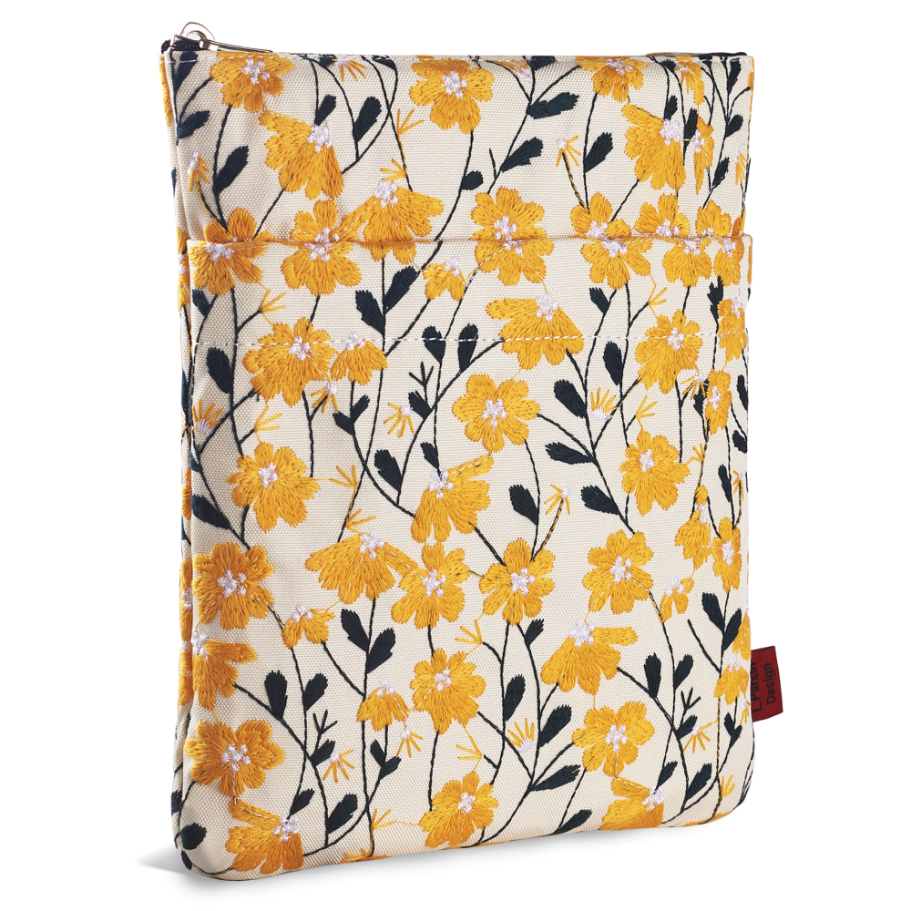 LParkin Daisy Flower Embroidery Book Sleeve with Zipper for Readers Protector Cover Gift for Book Lovers, 11x 8.5 Inch Washable Fabric, Daisy Yellow (Yellow)