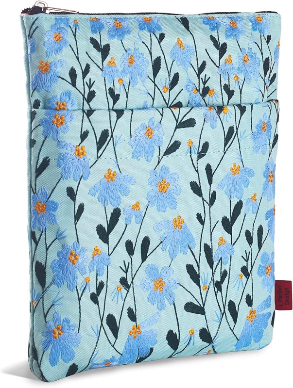 LParkin Daisy Flower Embroidery Book Sleeve with Zipper for Readers Protector Cover Gift for Book Lovers, 11x 8.5 Inch Washable Fabric, Daisy Blue