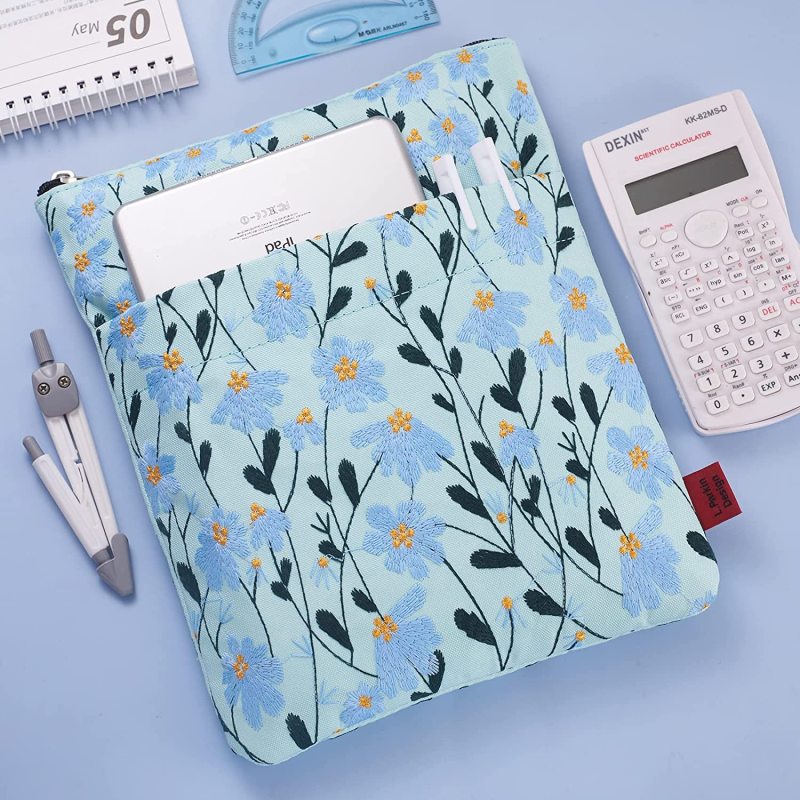 LParkin Daisy Flower Embroidery Book Sleeve with Zipper for Readers Protector Cover Gift for Book Lovers, 11x 8.5 Inch Washable Fabric, Daisy Blue