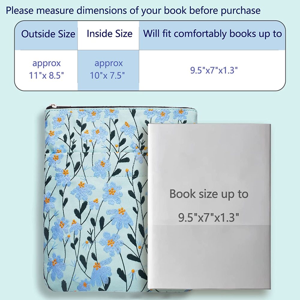 LParkin Daisy Flower Embroidery Book Sleeve with Zipper for Readers Protector Cover Gift for Book Lovers, 11x 8.5 Inch Washable Fabric, Daisy Blue