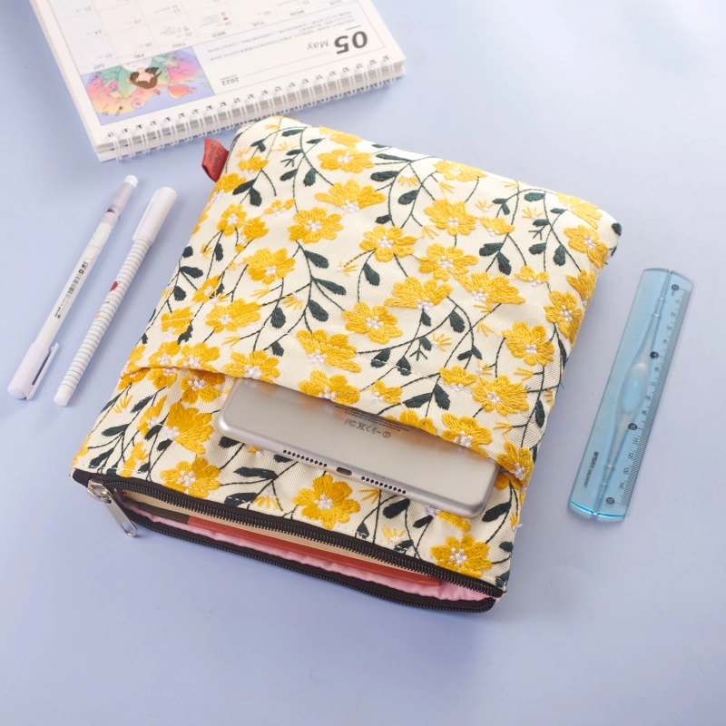 LParkin Daisy Flower Embroidery Book Sleeve with Zipper for Readers Protector Cover Gift for Book Lovers, 11x 8.5 Inch Washable Fabric, Daisy Yellow (Yellow)