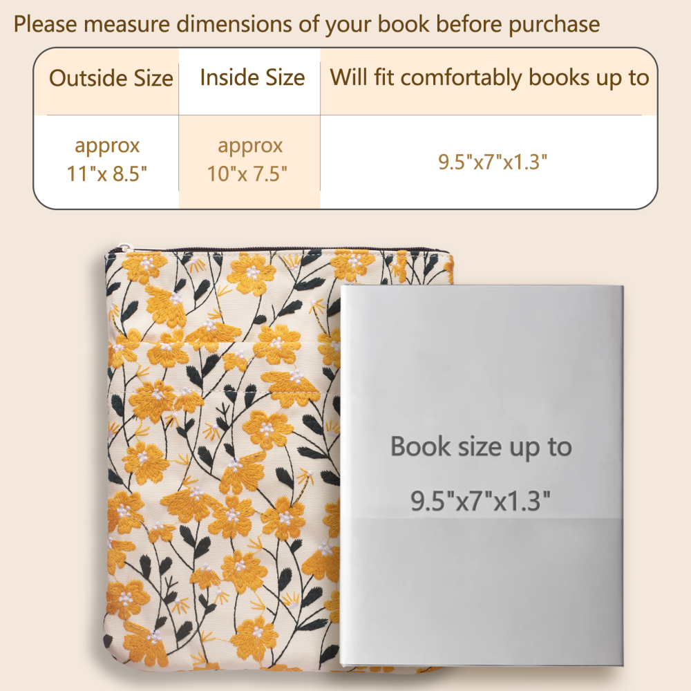 LParkin Daisy Flower Embroidery Book Sleeve with Zipper for Readers Protector Cover Gift for Book Lovers, 11x 8.5 Inch Washable Fabric, Daisy Yellow (Yellow)