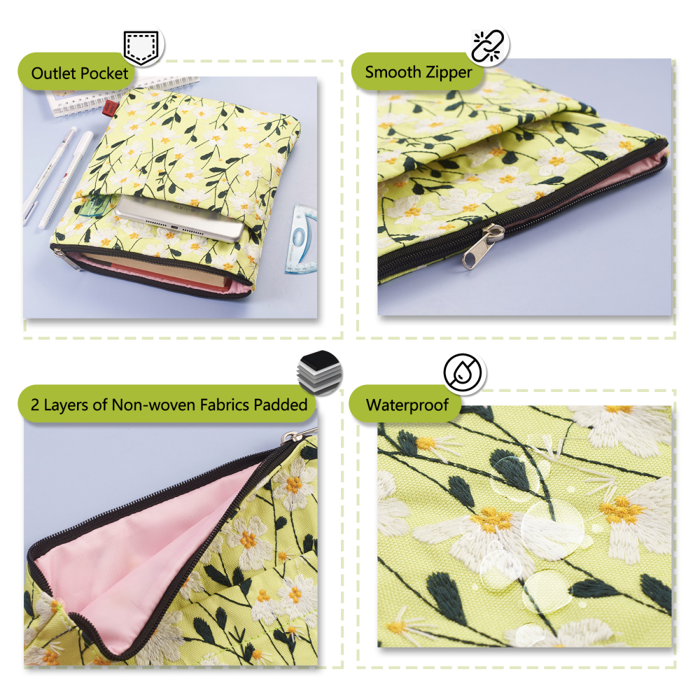 LParkin Daisy Flower Embroidery Book Sleeve with Zipper for Readers Protector Cover Gift for Book Lovers, 11x 8.5 Inch Washable Fabric, Daisy White(White)