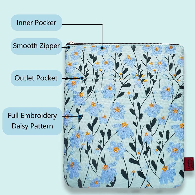 LParkin Daisy Flower Embroidery Book Sleeve with Zipper for Readers Protector Cover Gift for Book Lovers, 11x 8.5 Inch Washable Fabric, Daisy Blue