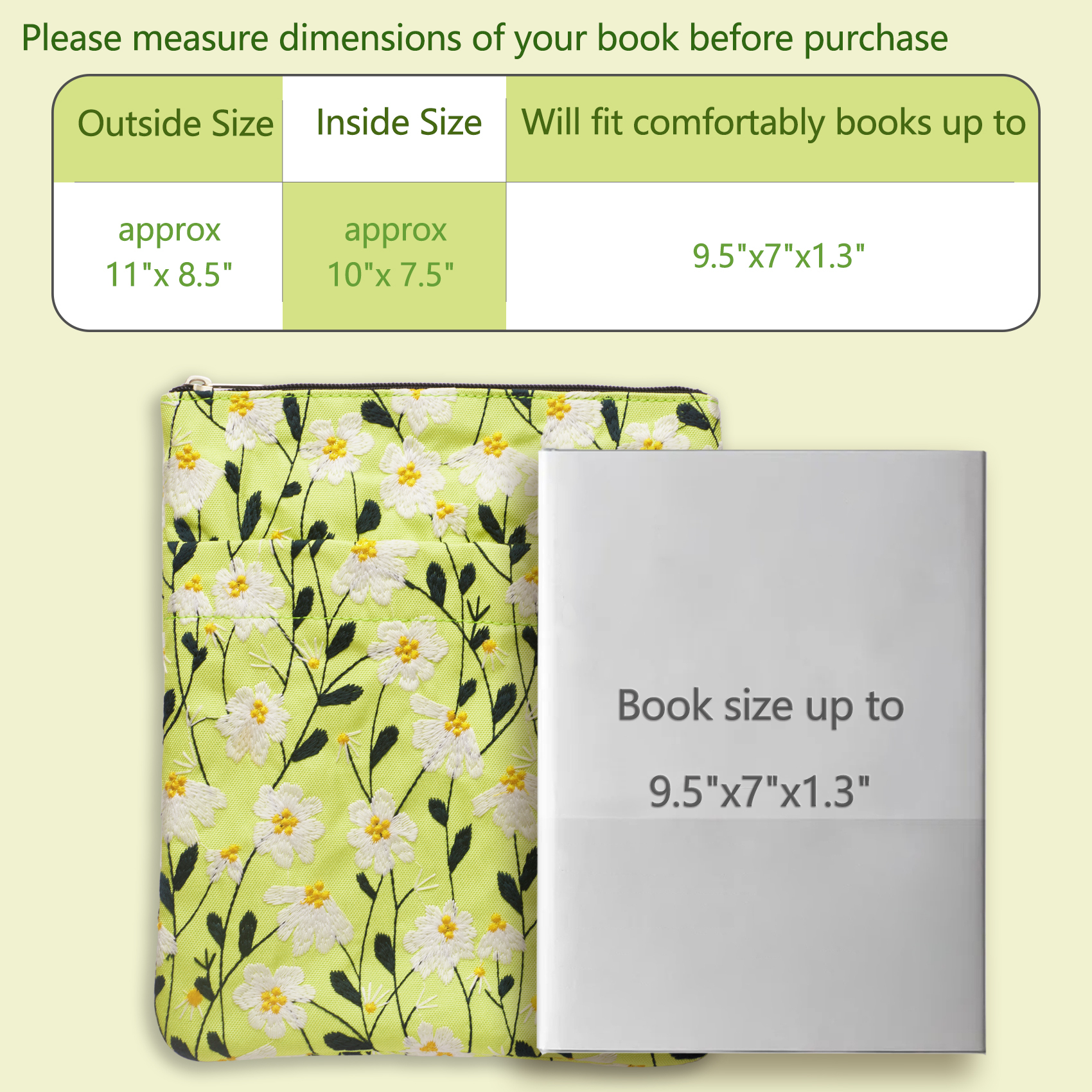 LParkin Daisy Flower Embroidery Book Sleeve with Zipper for Readers Protector Cover Gift for Book Lovers, 11x 8.5 Inch Washable Fabric, Daisy White(White)