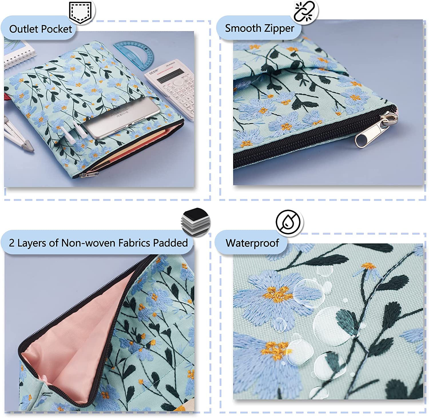 White Daisy Embroidered Book Sleeve - Padded Canvas Cover With Zipper & Front Pocket For Paperbacks & E-Readers