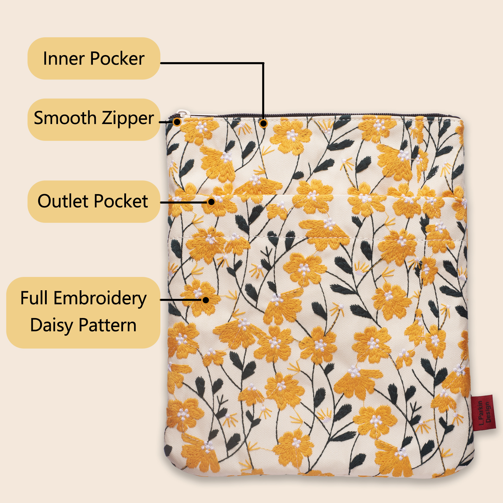 LParkin Daisy Flower Embroidery Book Sleeve with Zipper for