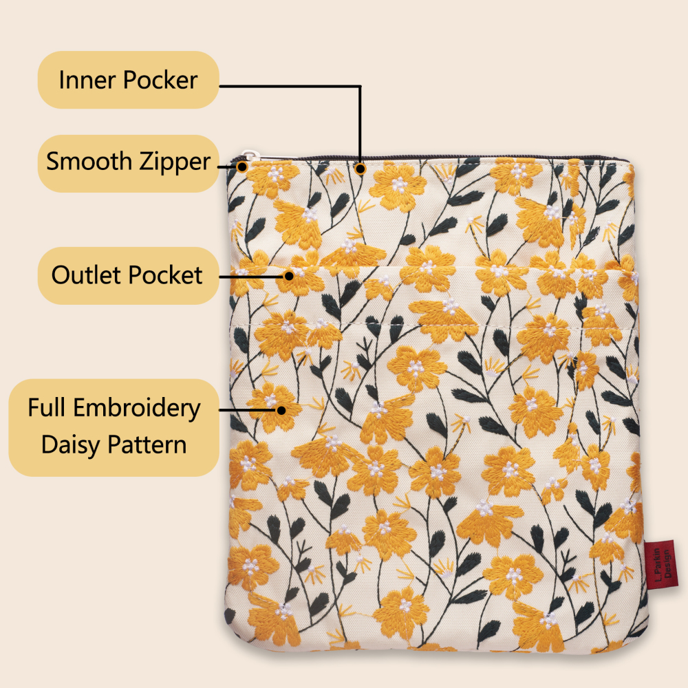 LParkin Daisy Flower Embroidery Book Sleeve with Zipper for Readers Protector Cover Gift for Book Lovers, 11x 8.5 Inch Washable Fabric, Daisy Yellow (Yellow)