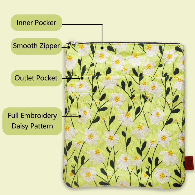 LParkin Daisy Flower Embroidery Book Sleeve with Zipper for Readers Protector Cover Gift for Book Lovers, 11x 8.5 Inch Washable Fabric, Daisy Yellow (Yellow)