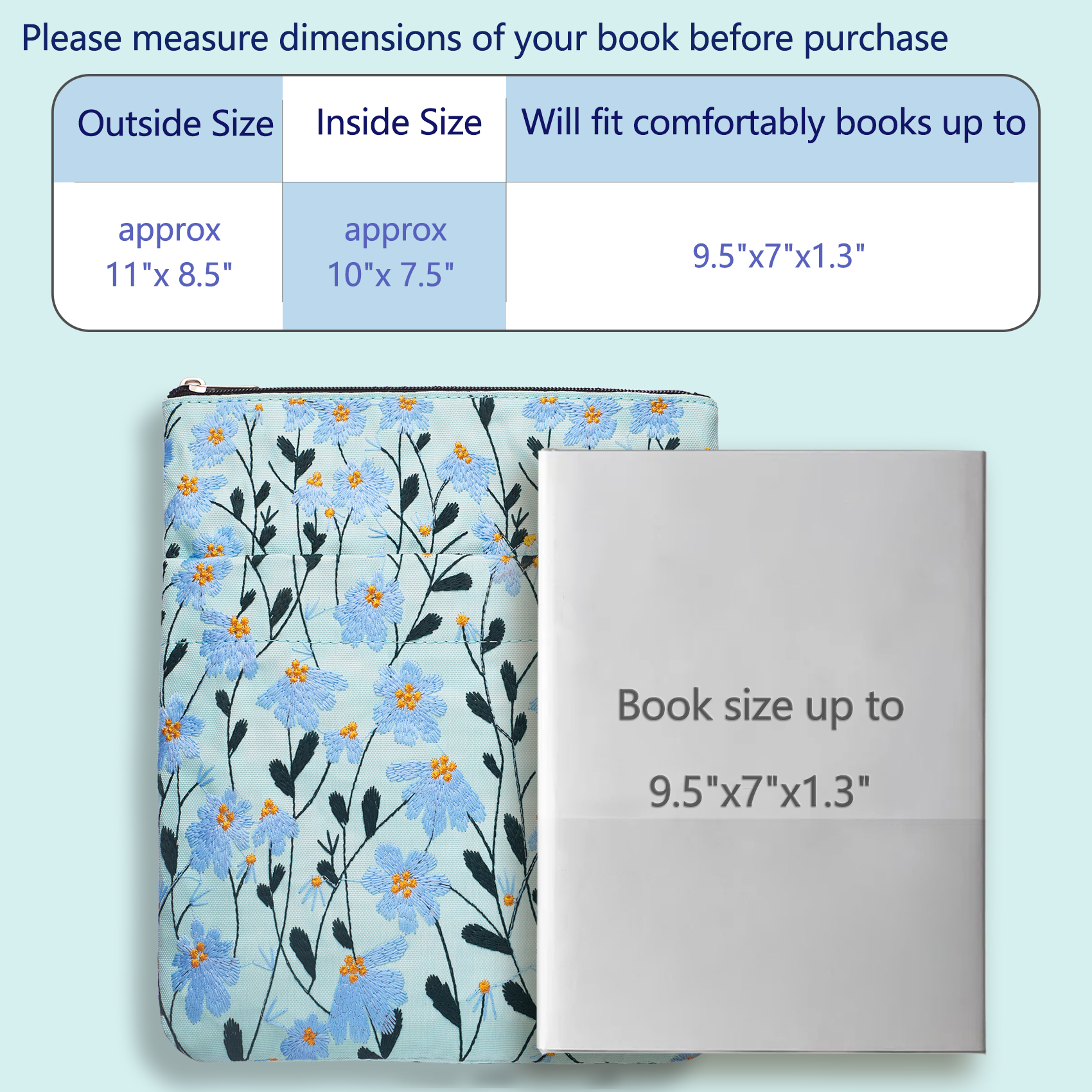 LParkin Daisy Flower Embroidery Book Sleeve with Zipper for Readers Protector Cover Gift for Book Lovers, 11x 8.5 Inch Washable Fabric, Daisy Yellow (Yellow)