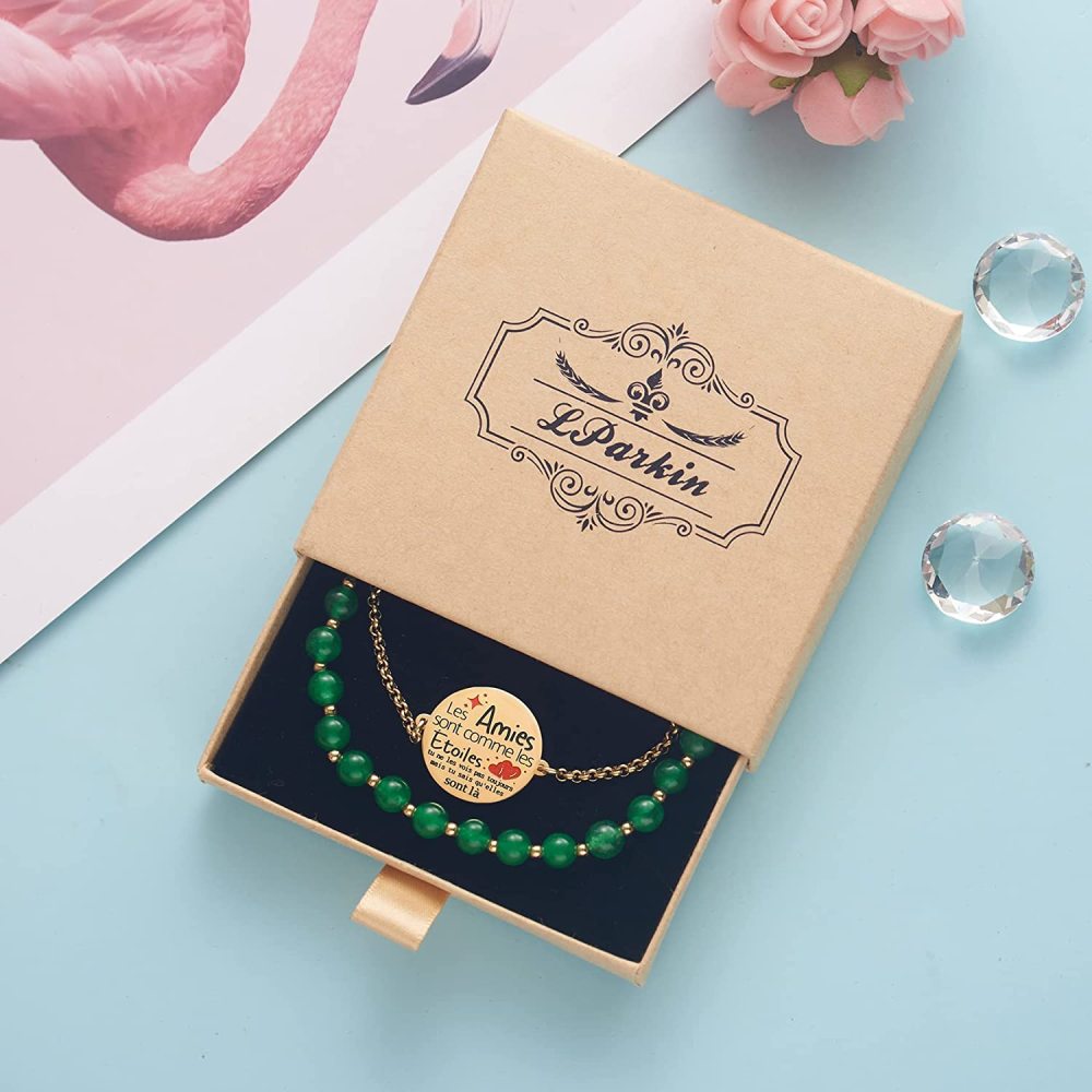 LParkin Double Perlage Bracelet Amitié Acier Inoxydable Réglable, Cadeau Amie Original Anniversaire Noel, Ornements Pour Meilleur Amie Homme Femme, Or