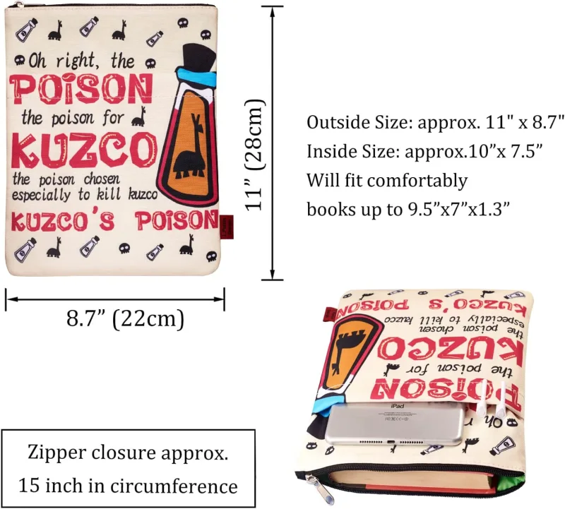 LParkin Poison Kuzco Cartoon Book Sleeve with Zipper for Book Lovers Protector Pouch Llama Sack Emperors Yzma