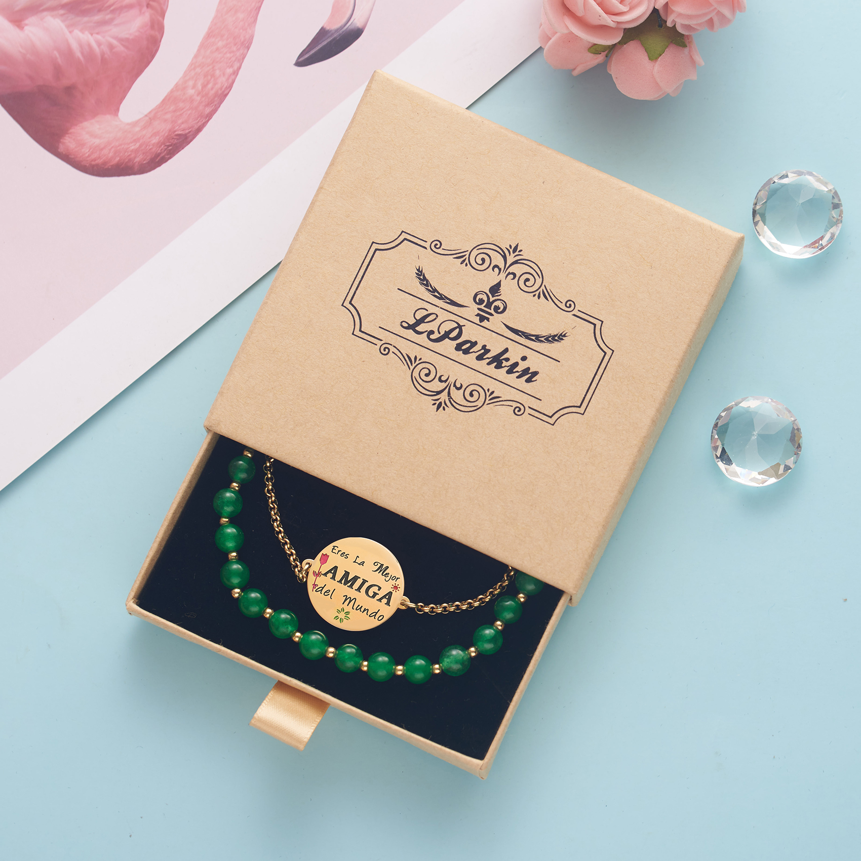 LParkin Doble Cuenta Pulseras Amistad Acero Inoxidable, Pulsera Niña Personalizada Ajustable, Regalos Cumpleaños Original, Oro