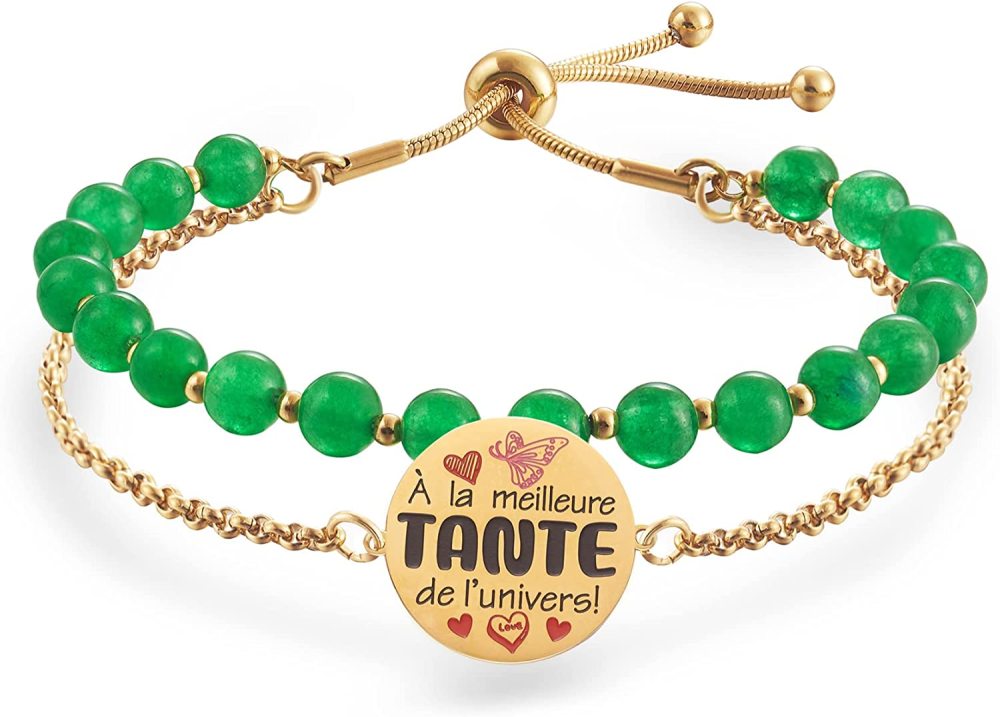 LParkin Double Perlage Bracelet Tante Acier Inoxydable Réglable, Original Cadeau Tata Anniversaire Fete Des Meres Noël, Cadeau Journée Du Souvenir, Ornements Pour Tante, Or