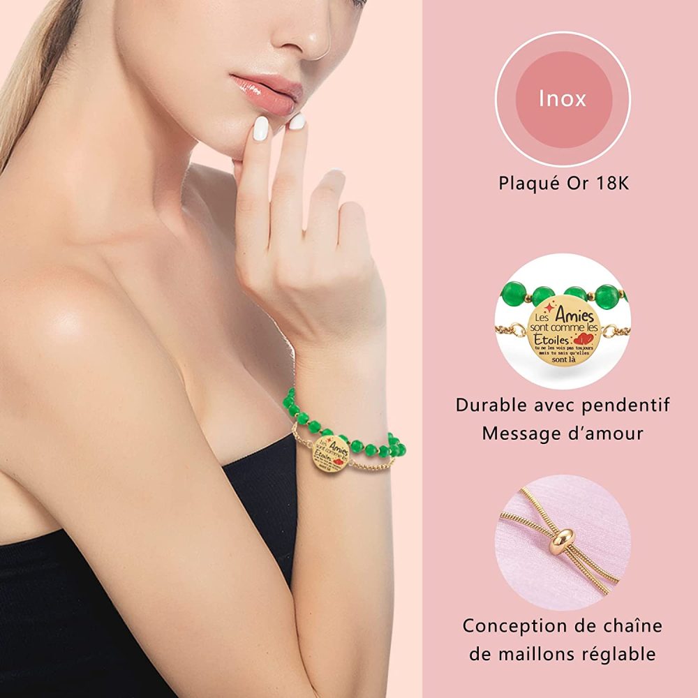 LParkin Double Perlage Bracelet Amitié Acier Inoxydable Réglable, Cadeau Amie Original Anniversaire Noel, Ornements Pour Meilleur Amie Homme Femme, Or
