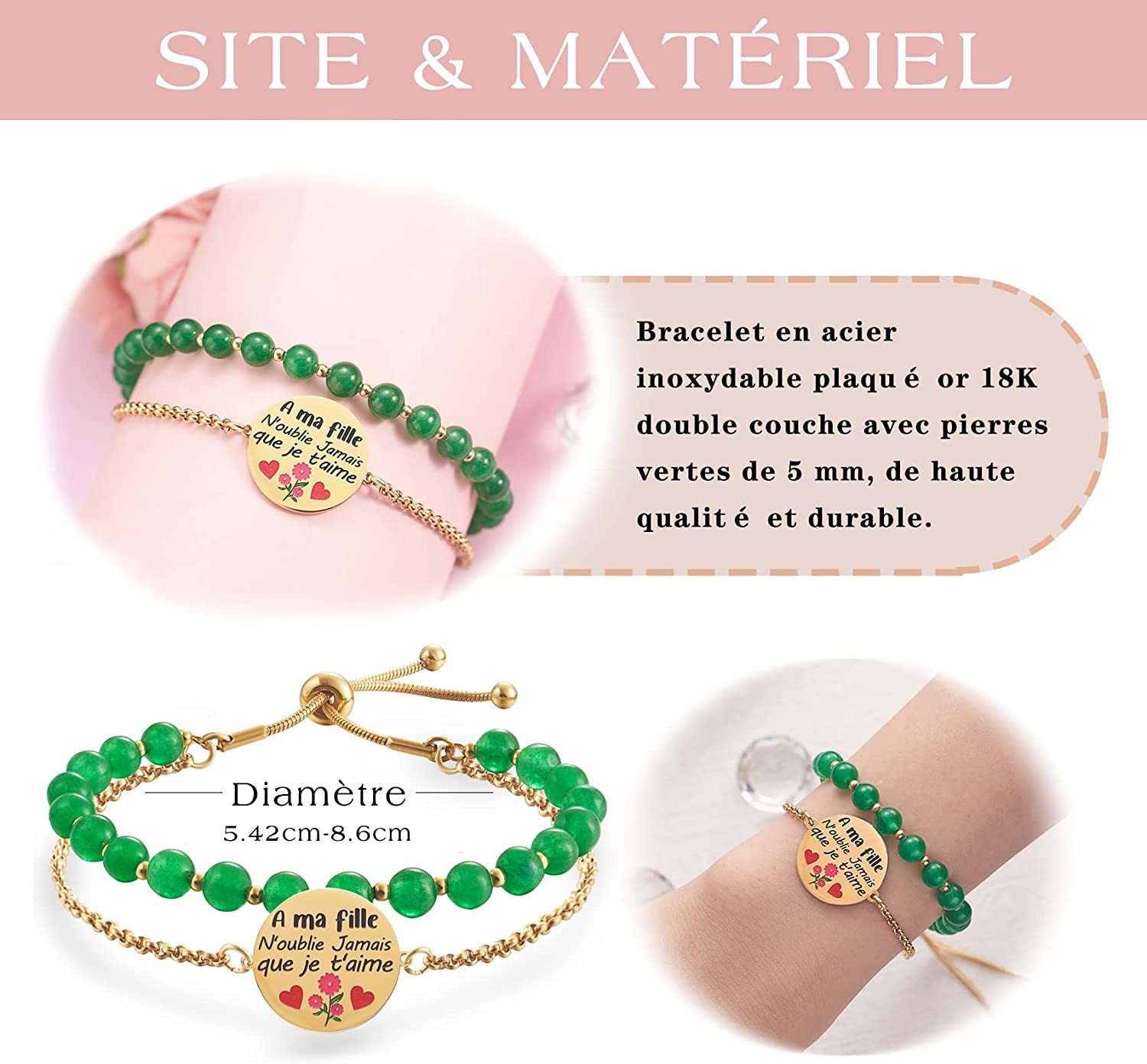LParkin Double Perlage Maman Bracelet Acier Inoxydable Réglable, Original Cadeau Pour Maman Fete Des Meres Anniversaire Ornements Pour Maman, Or