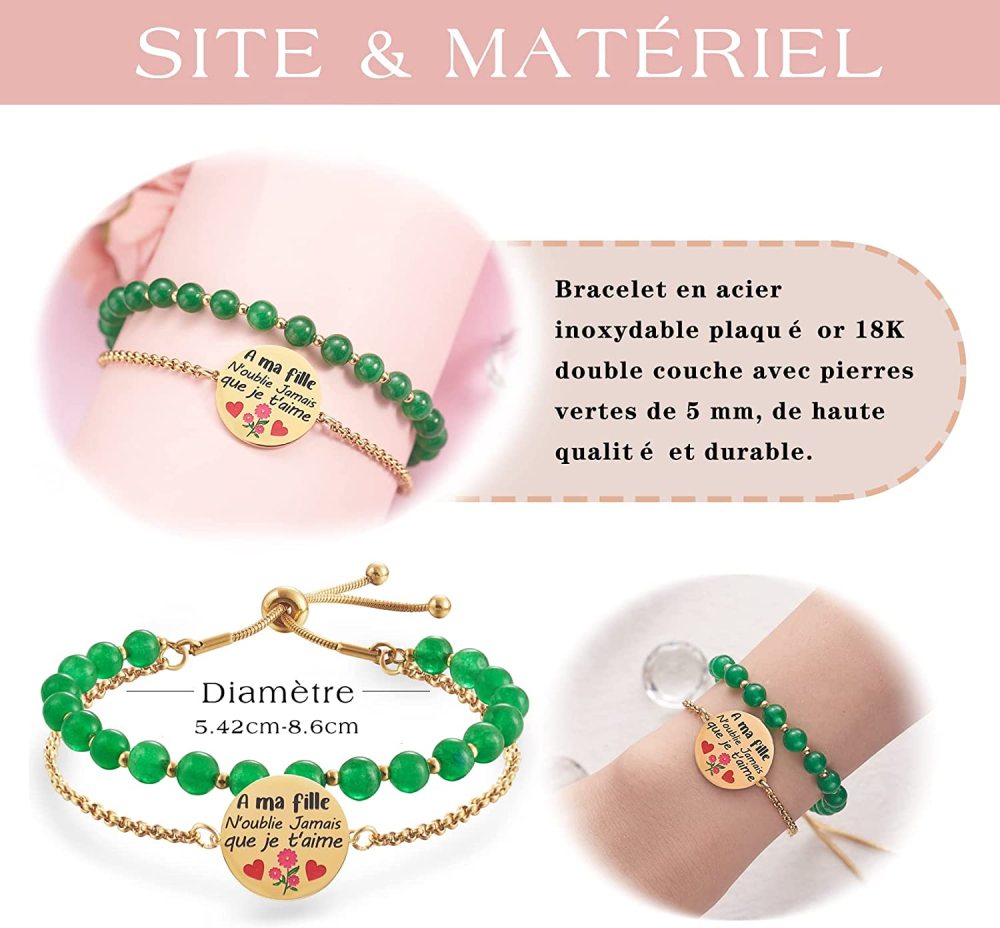 LParkin Double Perlage Maman Bracelet Acier Inoxydable Réglable, Original Cadeau Pour Maman Fete Des Meres Anniversaire Ornements Pour Maman, Or