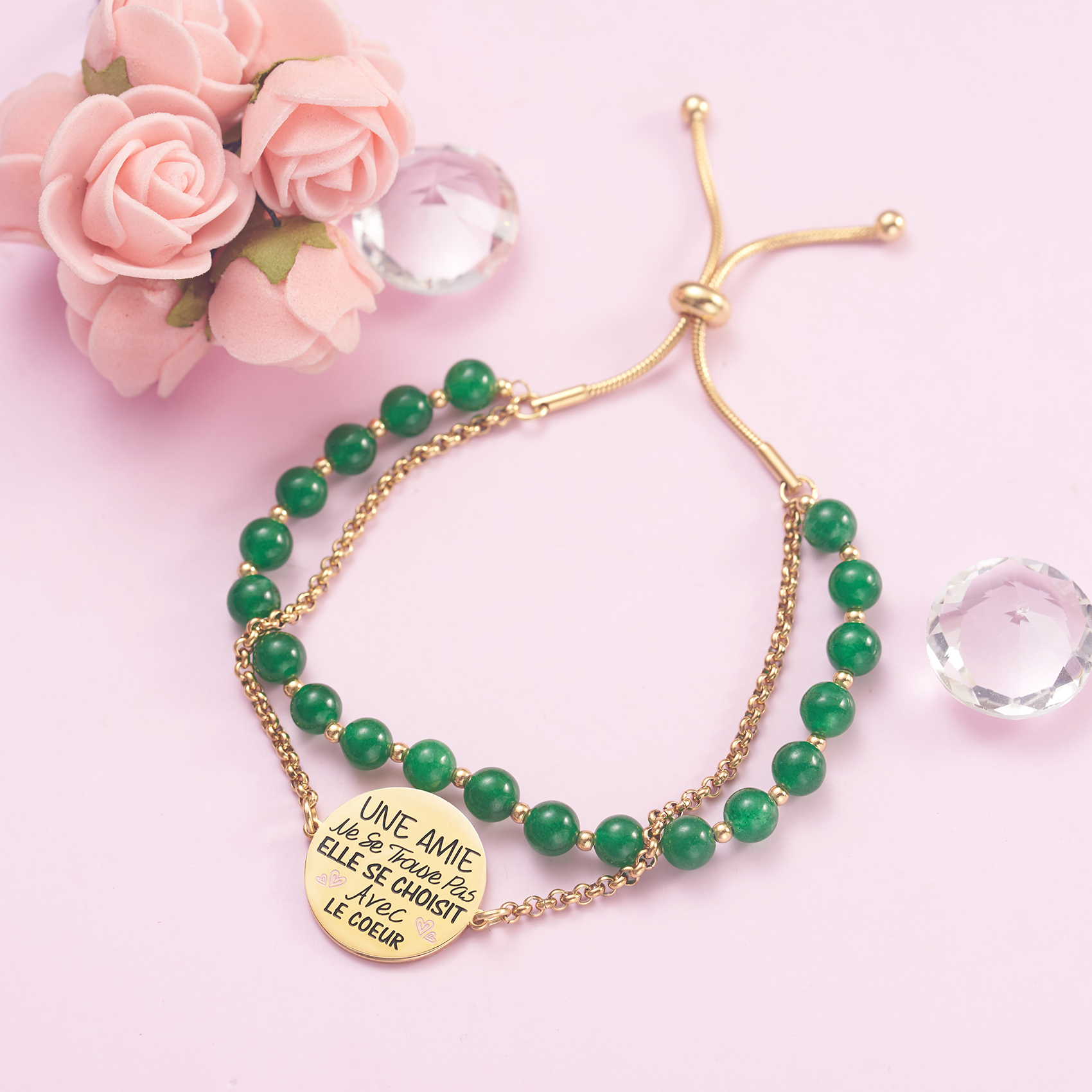 LParkin Double Perlage Bracelet Amitié Acier Inoxydable Réglable, Cadeau Amie Original Anniversaire Noel, Ornements Pour Meilleur Amie Homme Femme, Or