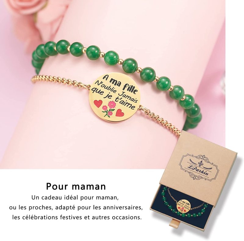 LParkin Double Perlage Maman Bracelet Acier Inoxydable Réglable, Original Cadeau Pour Maman Fete Des Meres Anniversaire Ornements Pour Maman, Or