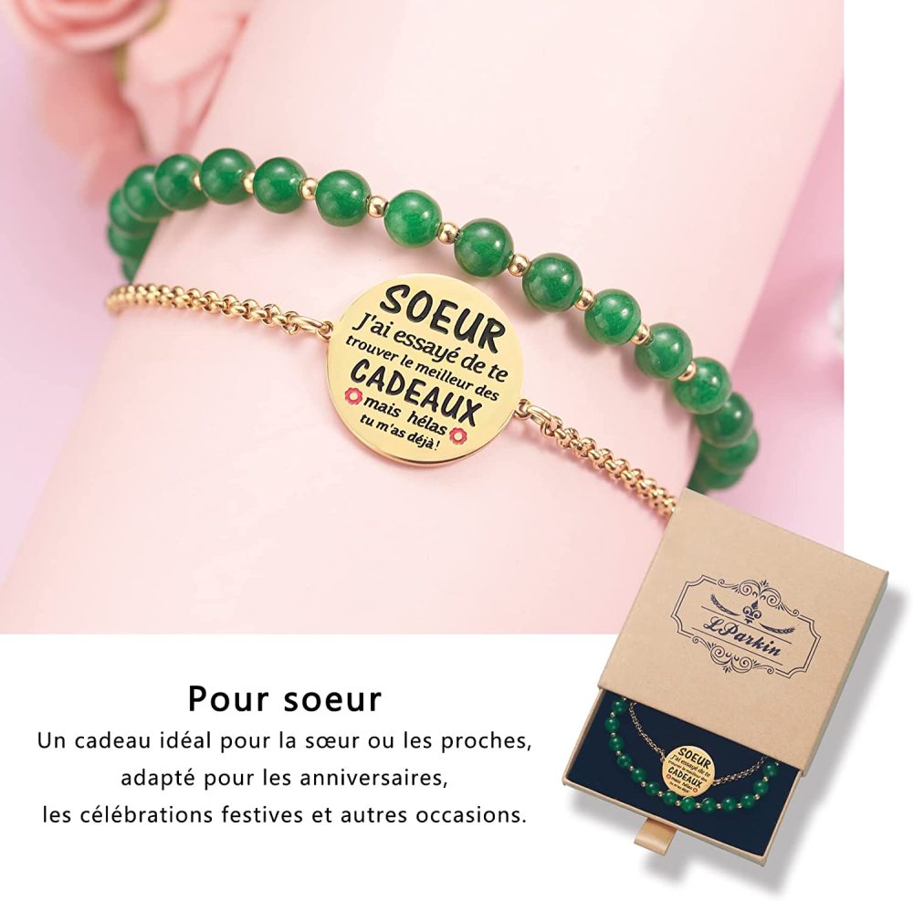 LParkin Double Perlage Bracelet Soeur Acier Inoxydable Réglable, Cadeau Soeur Original Anniversaire Noel, Ornements Pour Soeur, Or