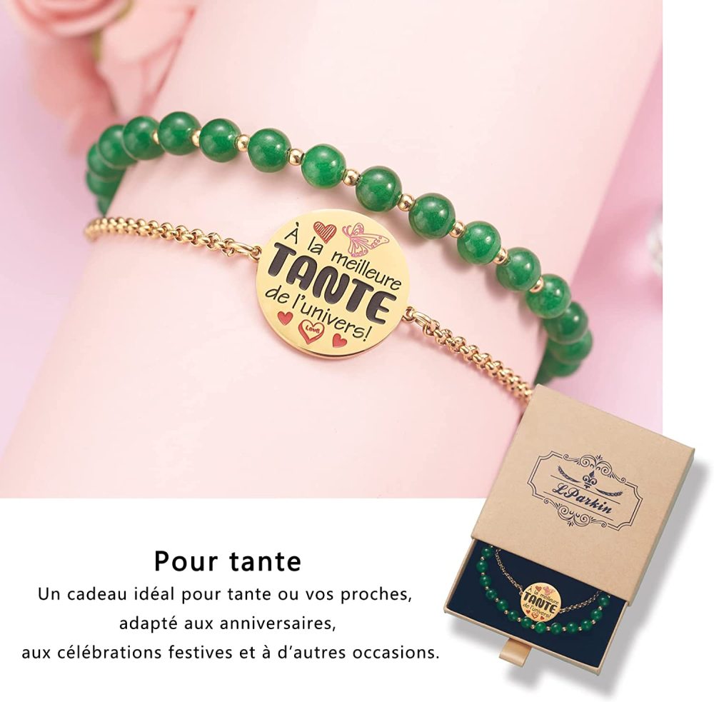 LParkin Double Perlage Bracelet Tante Acier Inoxydable Réglable, Original Cadeau Tata Anniversaire Fete Des Meres Noël, Cadeau Journée Du Souvenir, Ornements Pour Tante, Or