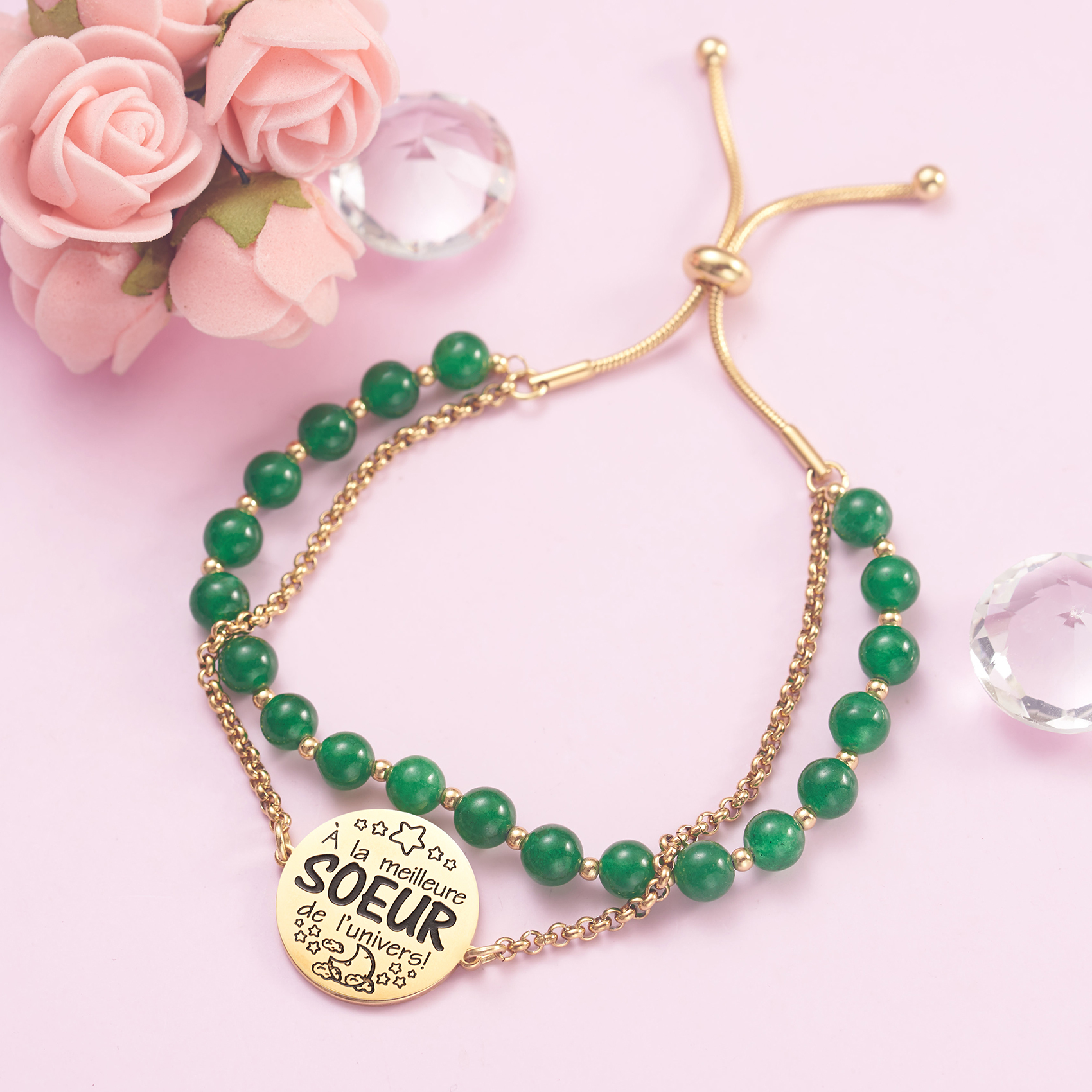 LParkin Double Perlage Bracelet Soeur Acier Inoxydable Réglable, Cadeau Soeur Original Anniversaire Noel, Ornements Pour Soeur, Or