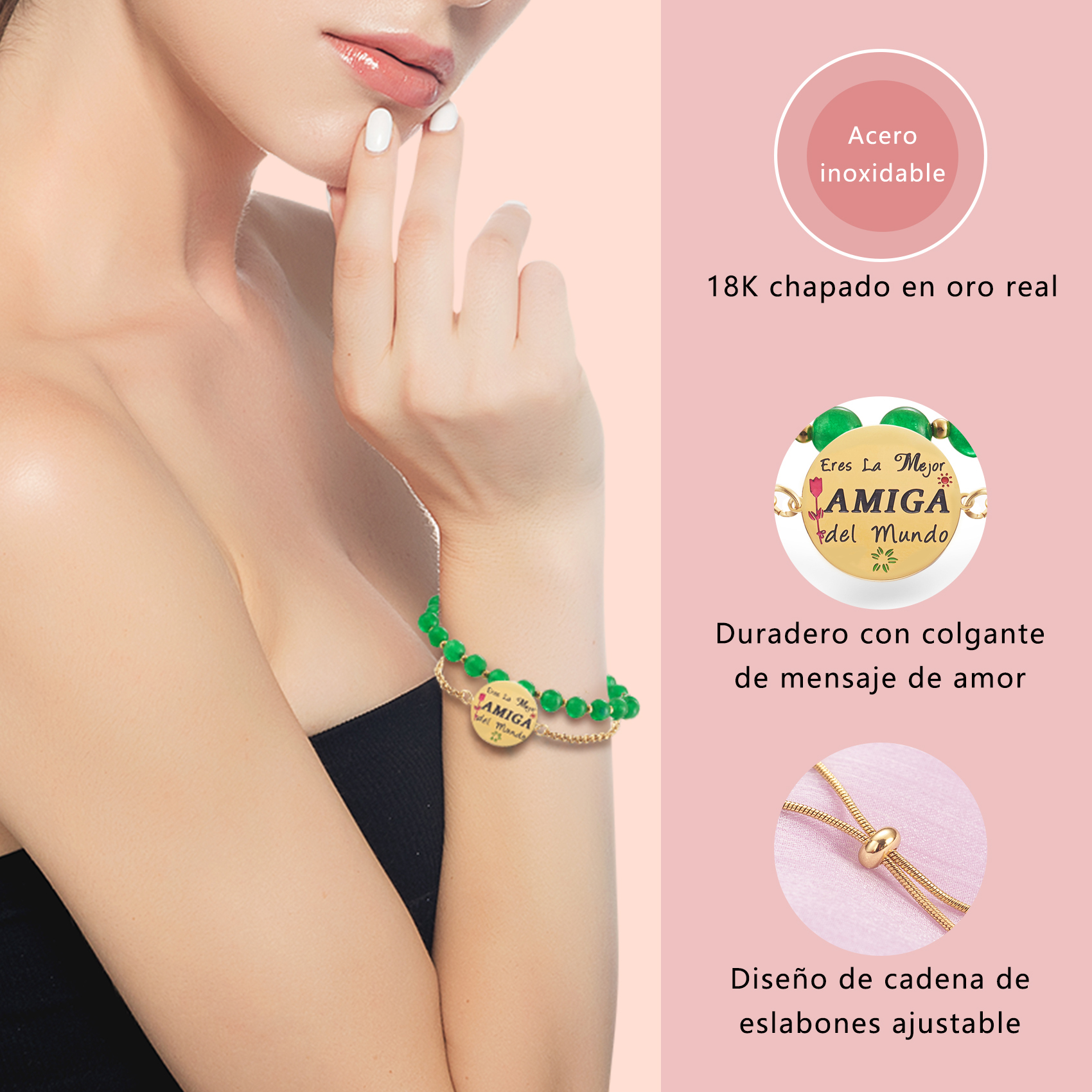 LParkin Doble Cuenta Pulseras Amistad Acero Inoxidable, Pulsera Niña Personalizada Ajustable, Regalos Cumpleaños Original, Oro