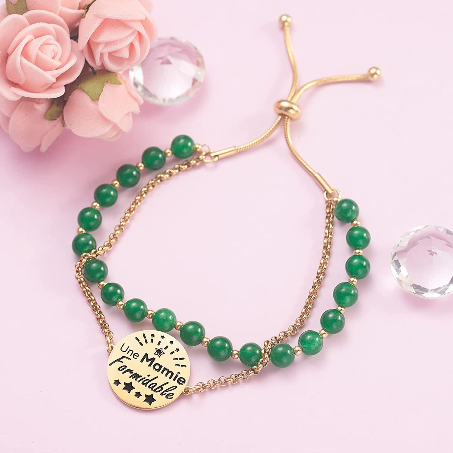 LParkin Double Perlage Grand Meres Bracelet Acier Inoxydable Réglable, Cadeau Mamie Original Anniversaire Fete Des Mamies, Ornements Pour grand mere, Or