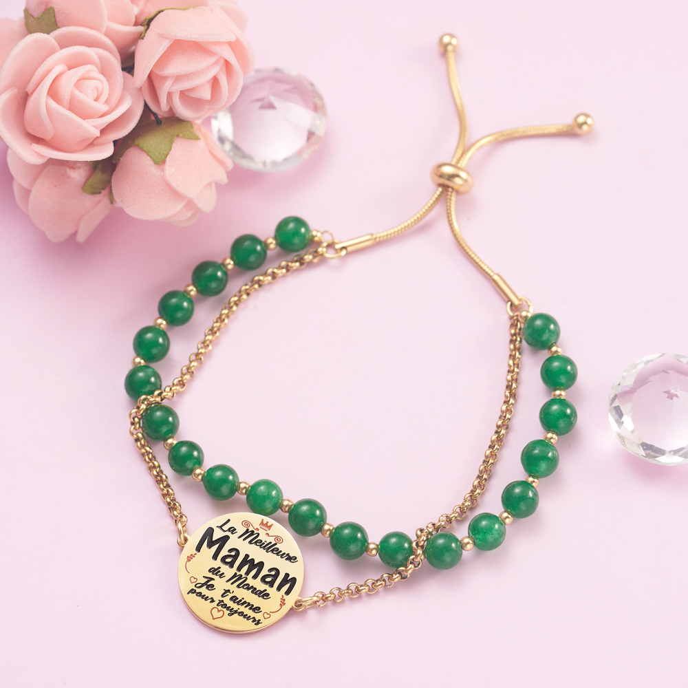 LParkin Double Perlage Maman Bracelet Acier Inoxydable Réglable, Original Cadeau Pour Maman Fete Des Meres Anniversaire Ornements Pour Maman, Or