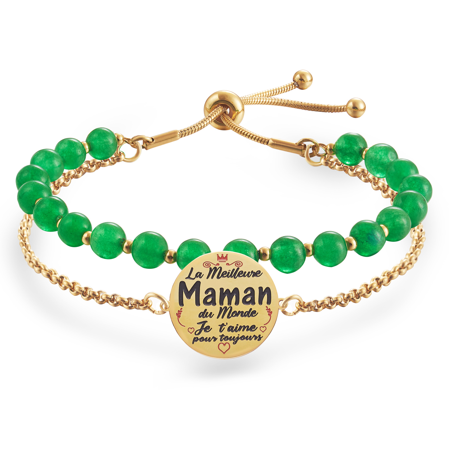 LParkin Double Perlage Maman Bracelet Acier Inoxydable Réglable, Original Cadeau Pour Maman Fete Des Meres Anniversaire Ornements Pour Maman, Or