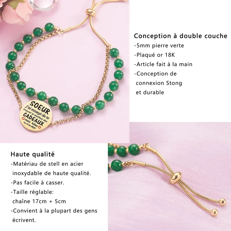 LParkin Double Perlage Bracelet Soeur Acier Inoxydable Réglable, Cadeau Soeur Original Anniversaire Noel, Ornements Pour Soeur, Or