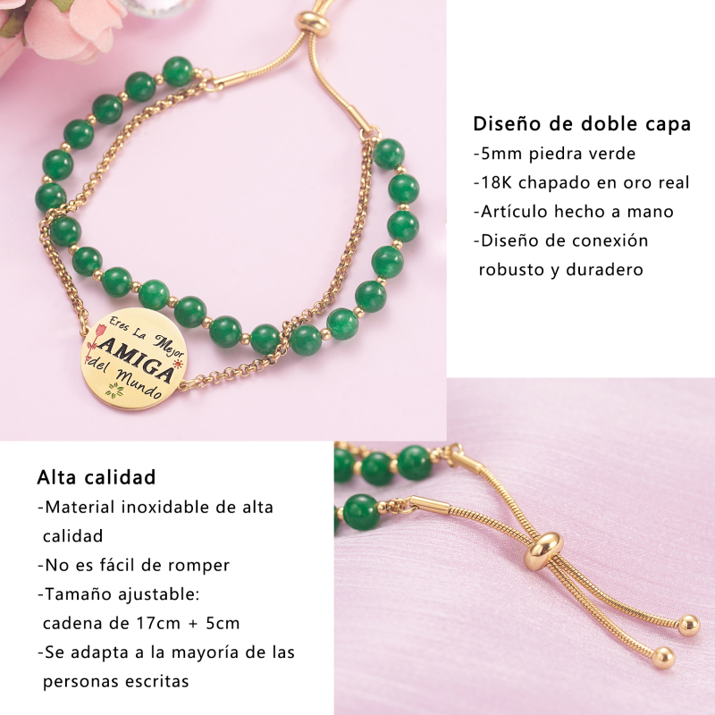 LParkin Doble Cuenta Pulseras Amistad Acero Inoxidable, Pulsera Niña Personalizada Ajustable, Regalos Cumpleaños Original, Oro