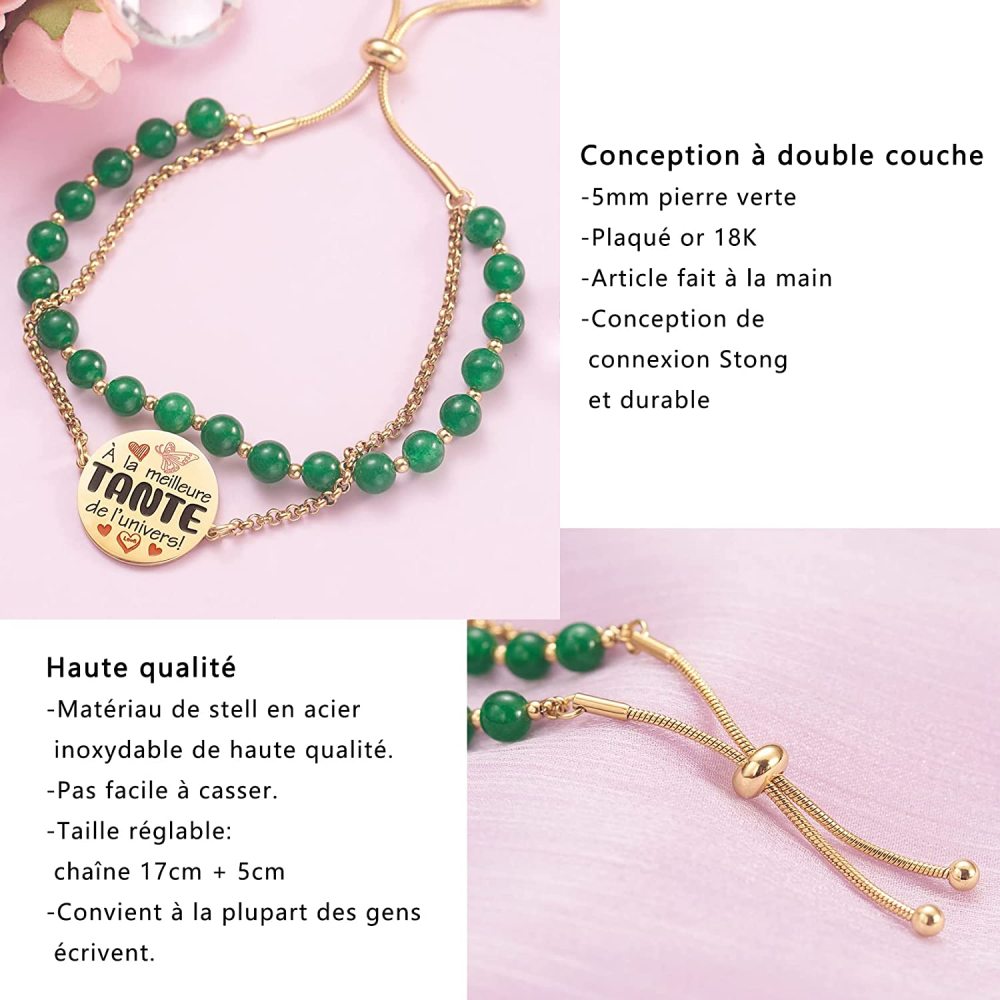 LParkin Double Perlage Bracelet Tante Acier Inoxydable Réglable, Original Cadeau Tata Anniversaire Fete Des Meres Noël, Cadeau Journée Du Souvenir, Ornements Pour Tante, Or