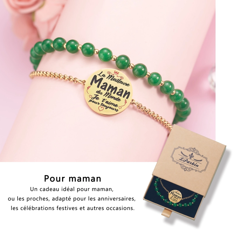 LParkin Double Perlage Maman Bracelet Acier Inoxydable Réglable, Original Cadeau Pour Maman Fete Des Meres Anniversaire Ornements Pour Maman, Or