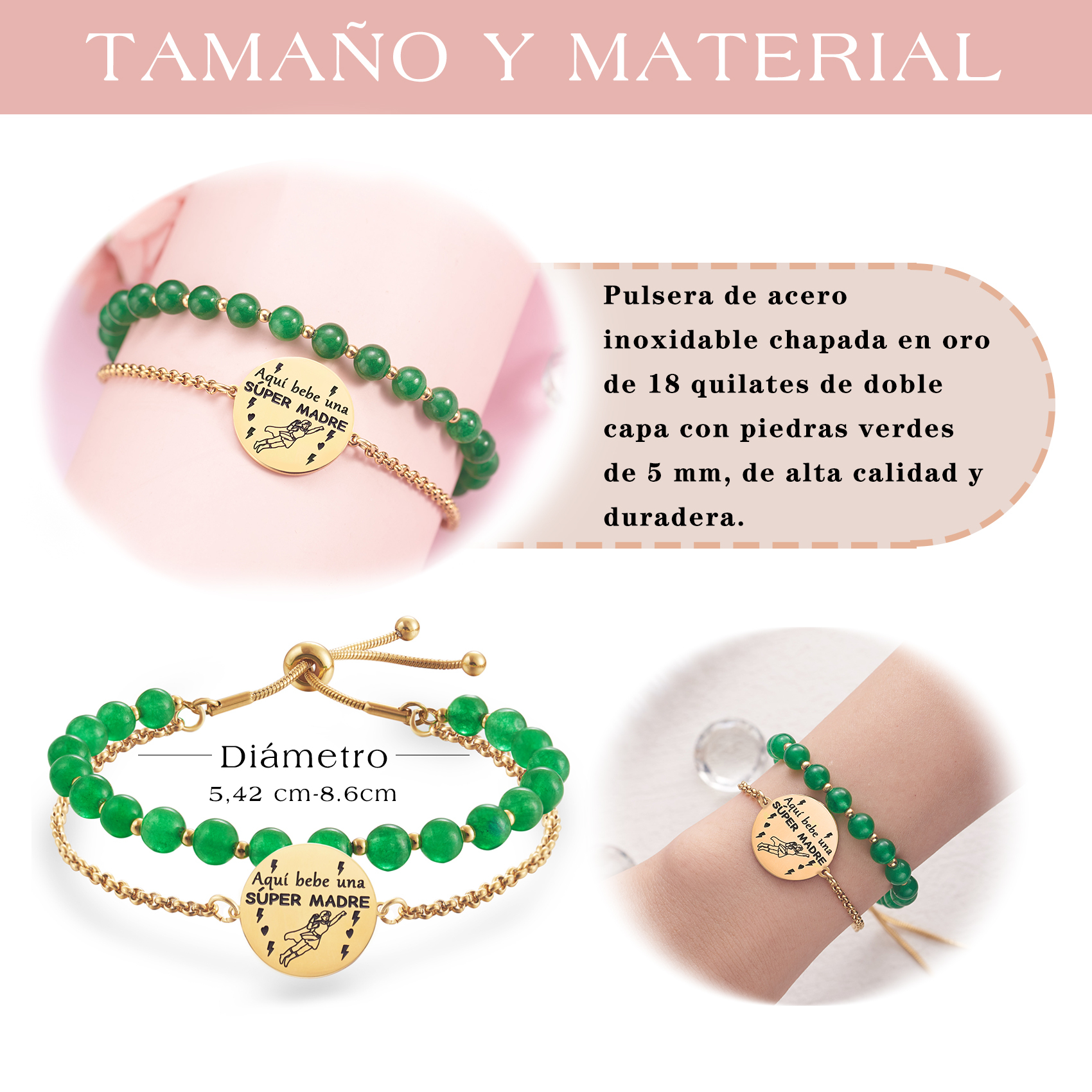LParkin Doble Cuenta Pulsera Mama Acero Inoxidable Ajustable Regalo Mama Original Regalo Cumpleaños Mujer Regalo del día de la Madre