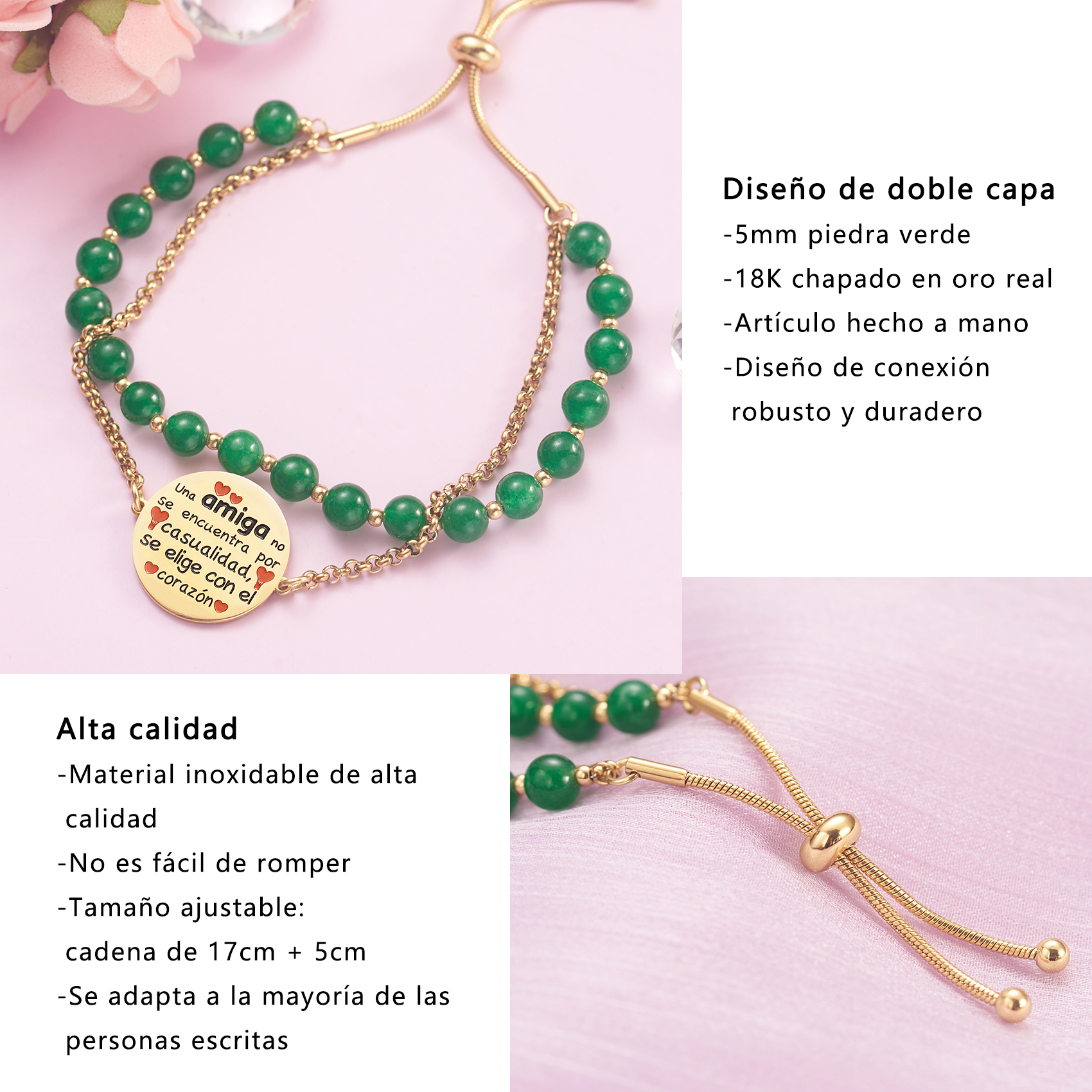 LParkin Doble Cuenta Pulseras Amistad Acero Inoxidable, Pulsera Niña Personalizada Ajustable, Regalos Cumpleaños Original, Oro