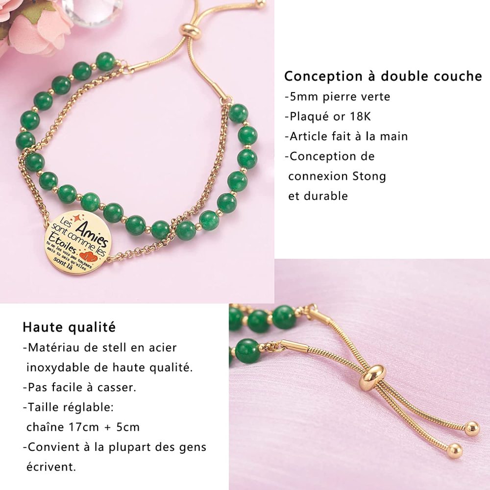 LParkin Double Perlage Bracelet Amitié Acier Inoxydable Réglable, Cadeau Amie Original Anniversaire Noel, Ornements Pour Meilleur Amie Homme Femme, Or