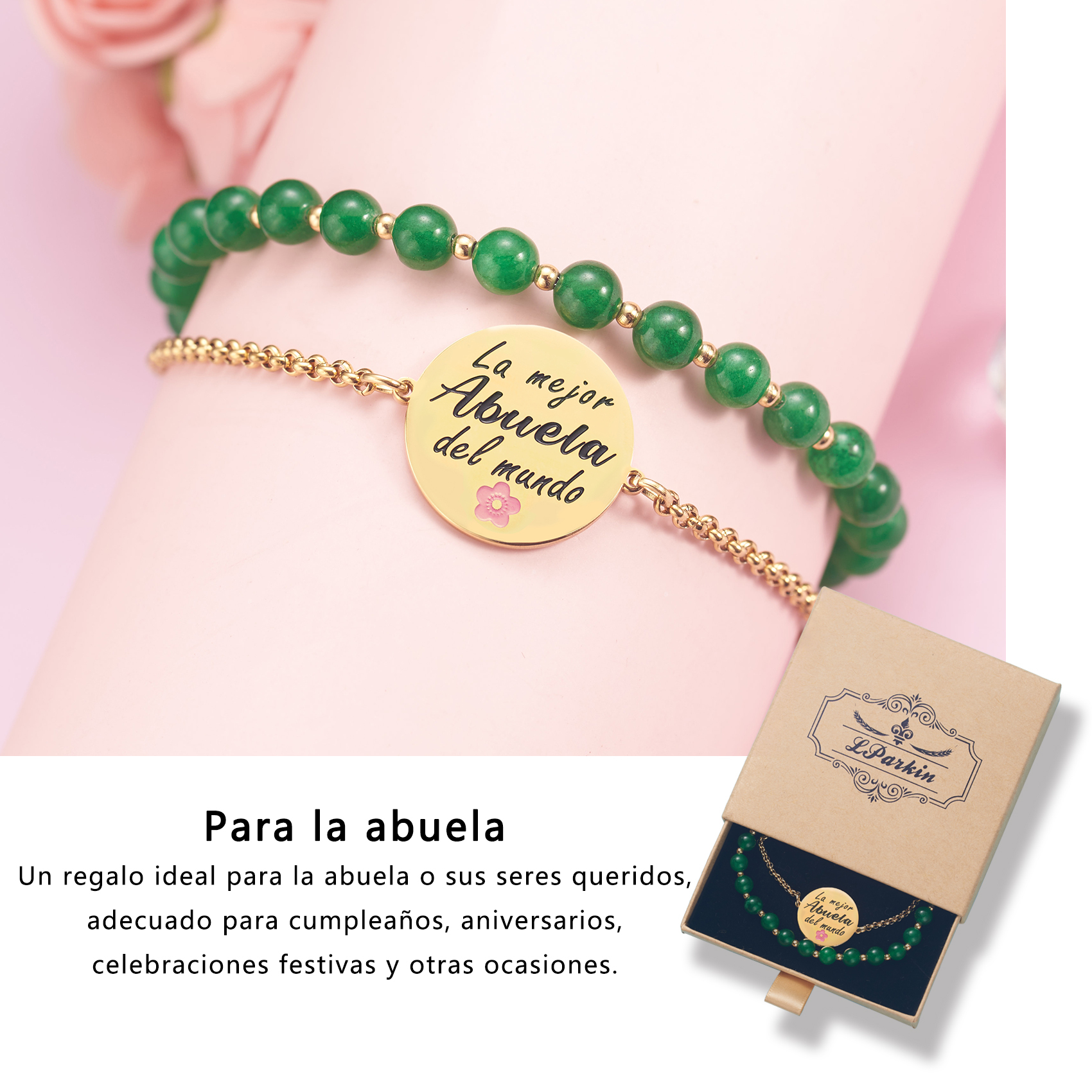LParkin Doble Cuenta Pulsera Abuela Acero Inoxidable, Regalo Original para Abuela, Obsequios Abuela Personalizados Cumpleaños