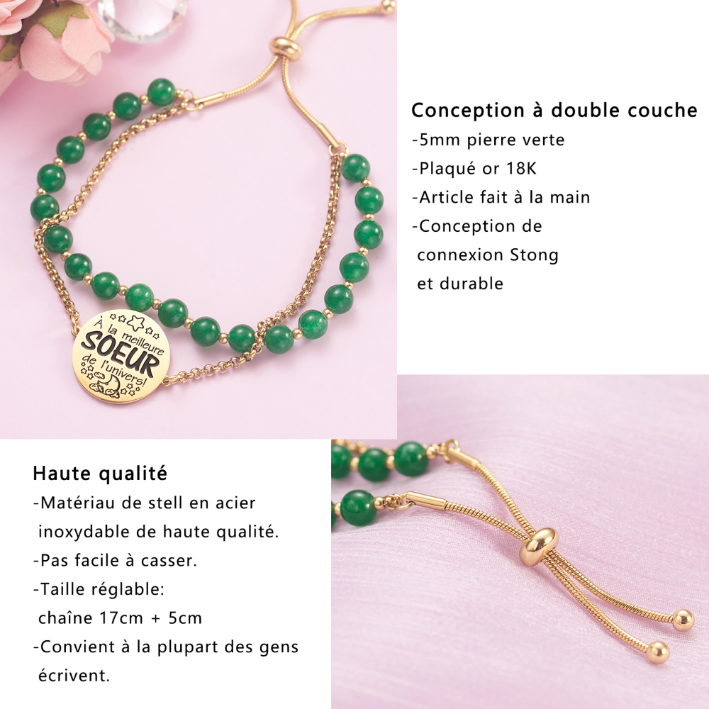 LParkin Double Perlage Bracelet Soeur Acier Inoxydable Réglable, Cadeau Soeur Original Anniversaire Noel, Ornements Pour Soeur, Or