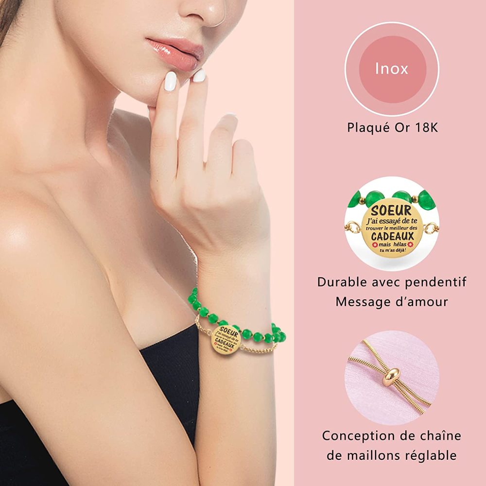 LParkin Double Perlage Bracelet Soeur Acier Inoxydable Réglable, Cadeau Soeur Original Anniversaire Noel, Ornements Pour Soeur, Or