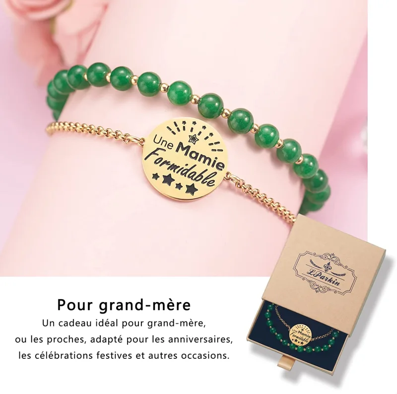 LParkin Double Perlage Grand Meres Bracelet Acier Inoxydable Réglable, Cadeau Mamie Original Anniversaire Fete Des Mamies, Ornements Pour grand mere, Or