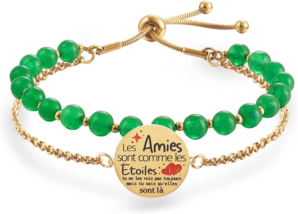 LParkin Double Perlage Bracelet Amitié Acier Inoxydable Réglable, Cadeau Amie Original Anniversaire Noel, Ornements Pour Meilleur Amie Homme Femme, Or