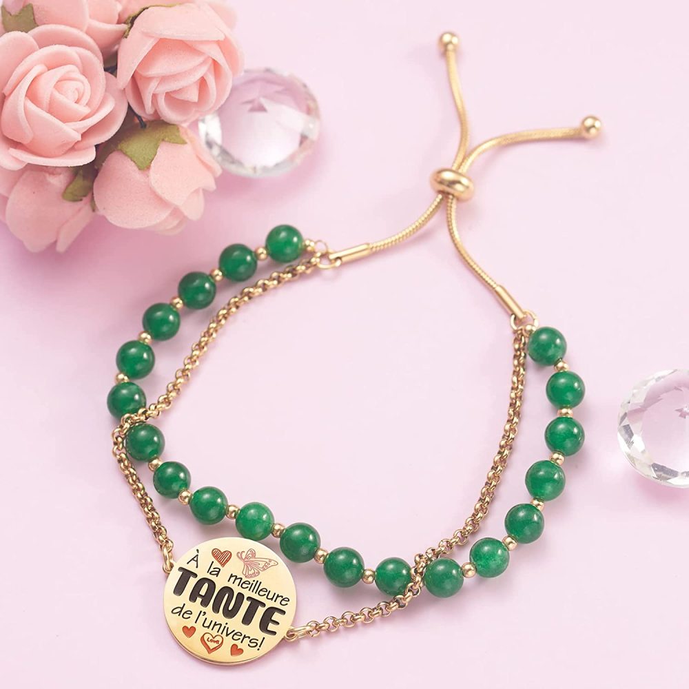 LParkin Double Perlage Bracelet Tante Acier Inoxydable Réglable, Original Cadeau Tata Anniversaire Fete Des Meres Noël, Cadeau Journée Du Souvenir, Ornements Pour Tante, Or