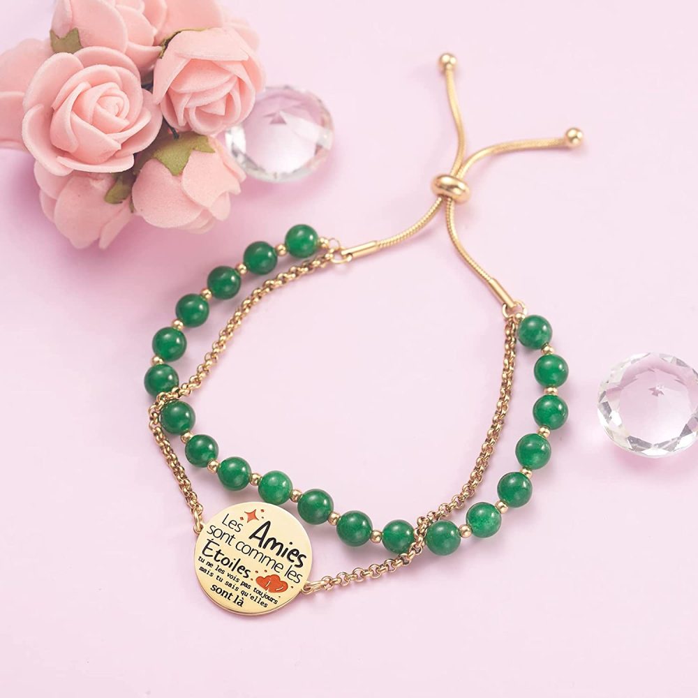 LParkin Double Perlage Bracelet Amitié Acier Inoxydable Réglable, Cadeau Amie Original Anniversaire Noel, Ornements Pour Meilleur Amie Homme Femme, Or