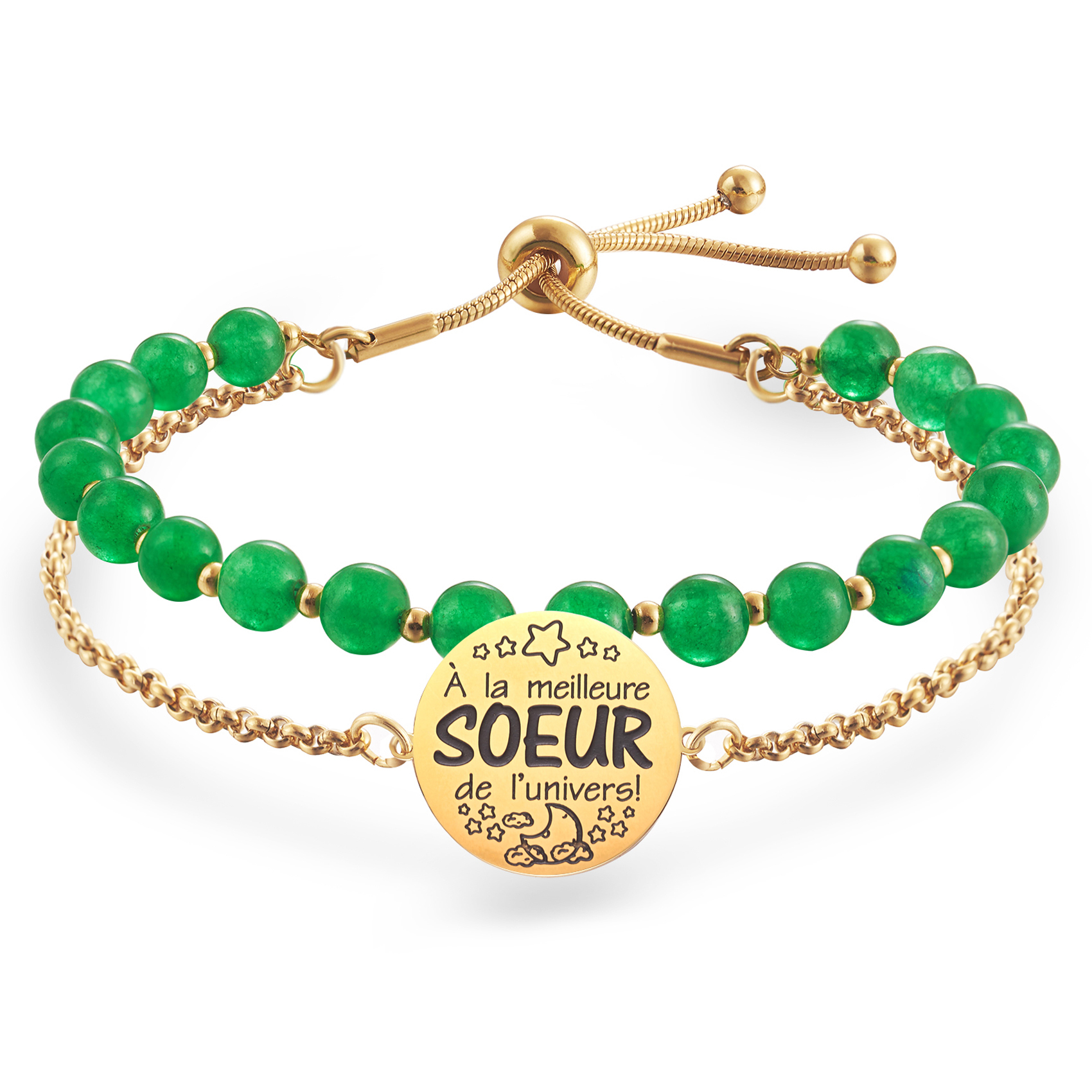 LParkin Double Perlage Bracelet Soeur Acier Inoxydable Réglable, Cadeau Soeur Original Anniversaire Noel, Ornements Pour Soeur, Or