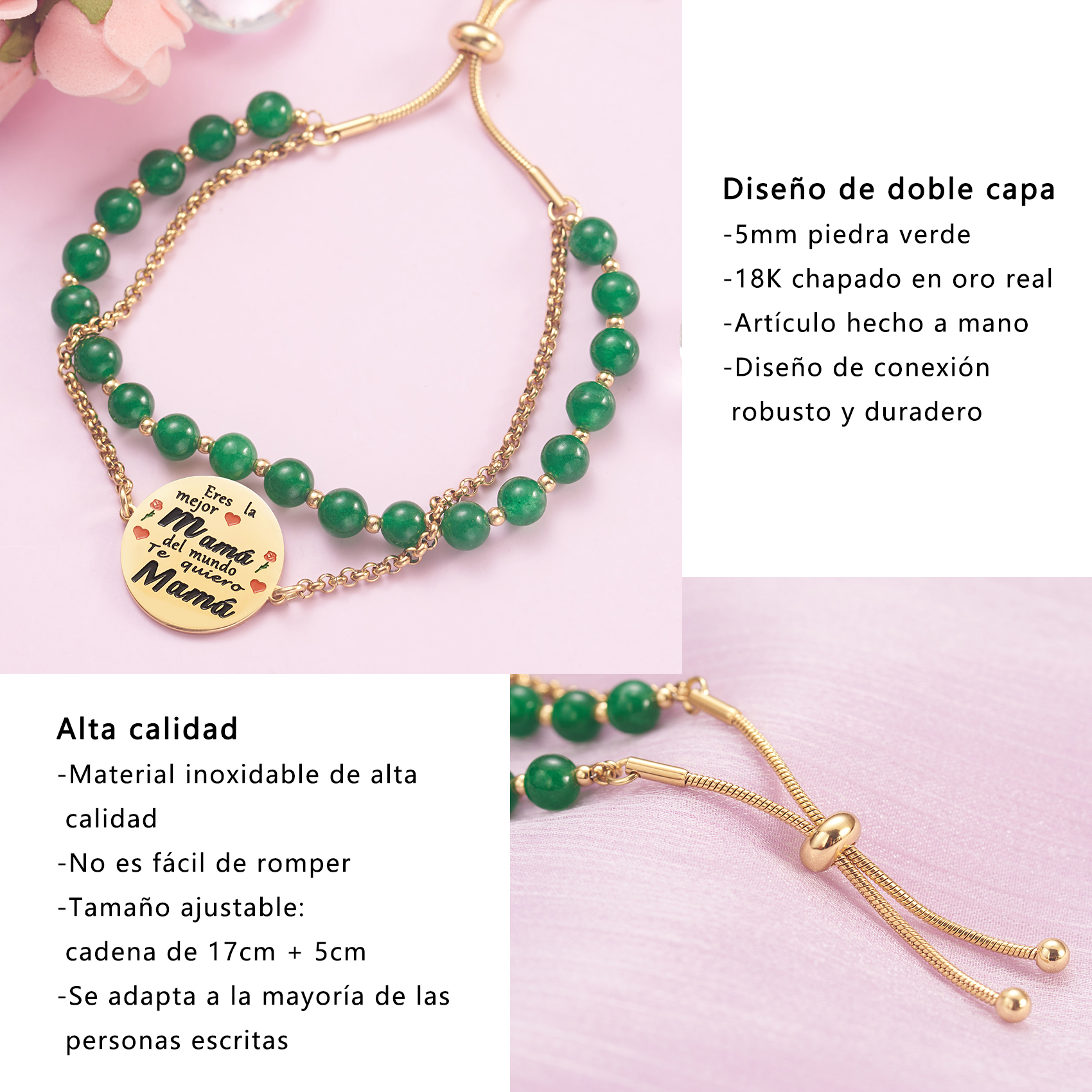 LParkin Doble Cuenta Pulsera Mama Acero Inoxidable Ajustable Regalo Mama Original Regalo Cumpleaños Mujer Regalo del día de la Madre