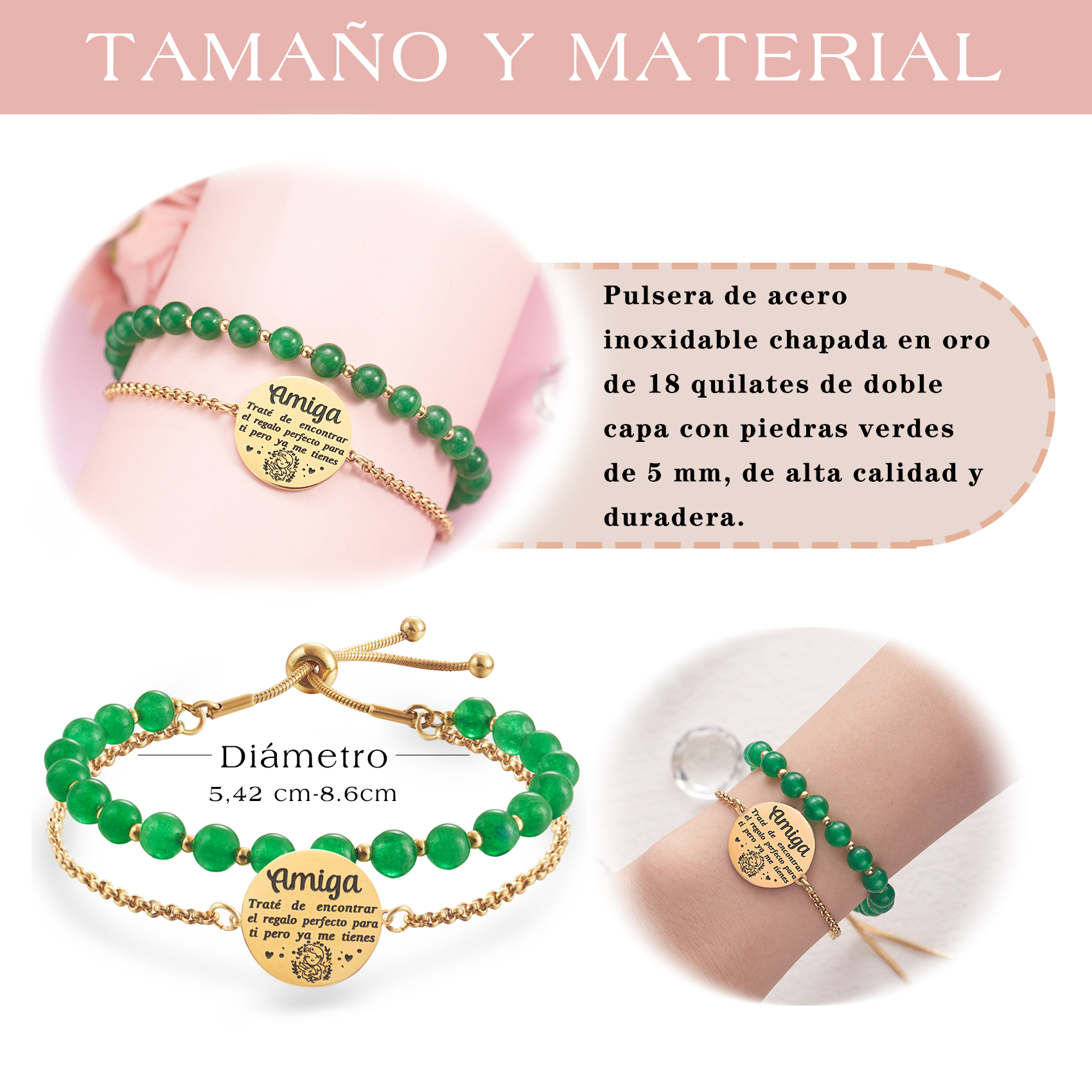 LParkin Doble Cuenta Pulseras Amistad Acero Inoxidable, Pulsera Niña Personalizada Ajustable, Regalos Cumpleaños Original, Oro