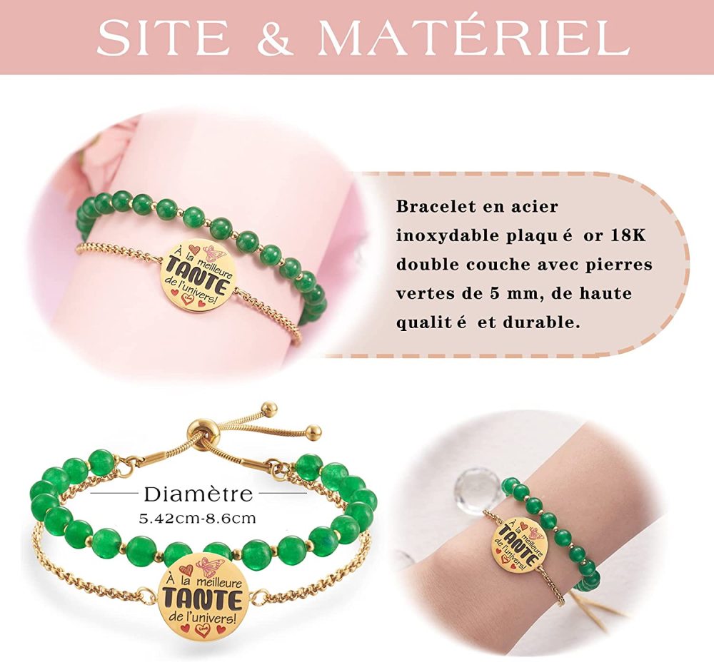 LParkin Double Perlage Bracelet Tante Acier Inoxydable Réglable, Original Cadeau Tata Anniversaire Fete Des Meres Noël, Cadeau Journée Du Souvenir, Ornements Pour Tante, Or