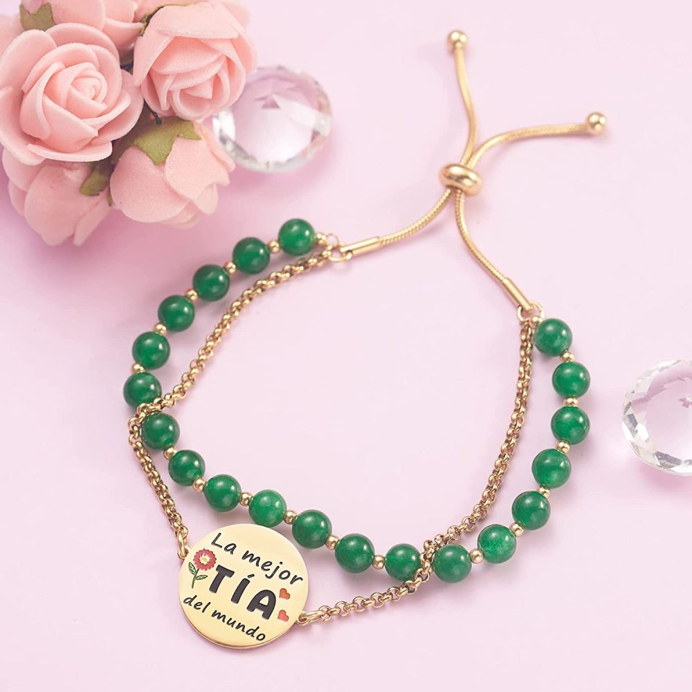 LParkin Doble Cuenta Pulsera Regalos la mejor Tía del mundo, Pulsera Personalizada Mujer Acero Inoxidable Ajustable, Regalo Cumpleaños Original, Oro